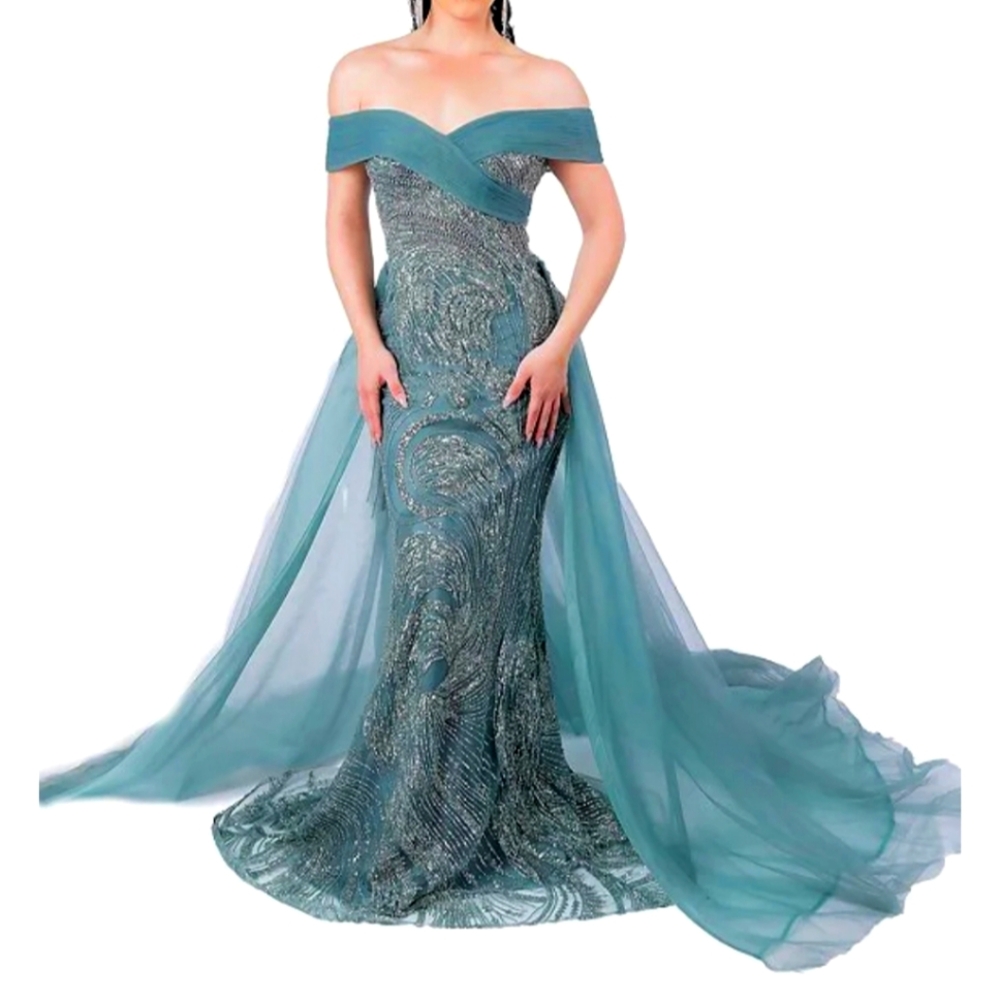 CoutureBeaded Off-the-Shoulder Chiffon Overlay Mermaid Gown